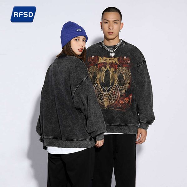 RFSD Giyim | 450g ağır cadde yuvarlak boyun kazak erkekler modaya uygun marka yıkanmış eski koyu baskı gevşek uyum