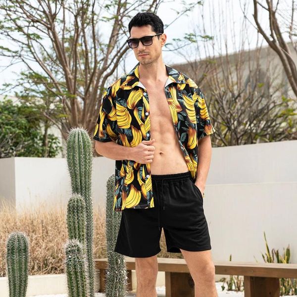 Tute da uomo Abito estivo hawaiano Manica corta Coconut Tree Banana Camicia stampata con bottoni Pantaloncini da spiaggia Casual 2 pezzi