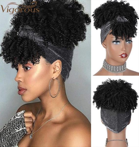 Perucas sintéticas vigorosa bandana curto preto kinky encaracolado peruca com franja afro puff para mulheres prata turbante cabeça wrap8098058