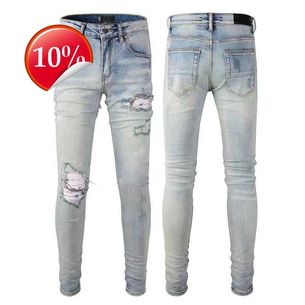 Designer stack jeans jeans europeo jean jeans ricamare trapunte strappato per marchio di tendenza pantalone da uomo vintage pieghe