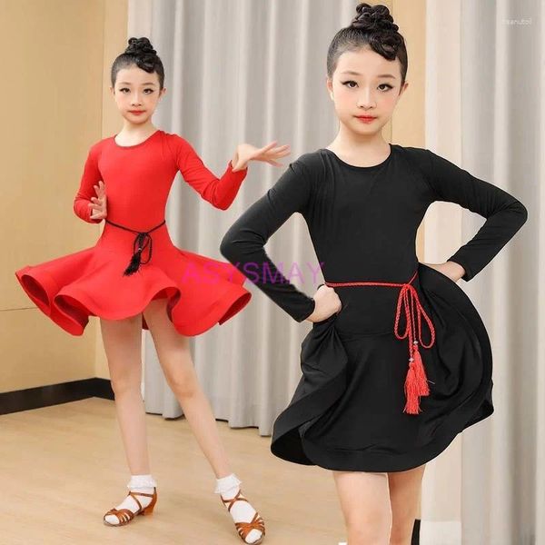 Abbigliamento da palco Abito da ballo latino per ragazze Nero Manica lunga Competizione Ballo da sala Salsa Samba Tango Frange Costume per bambini Bambino