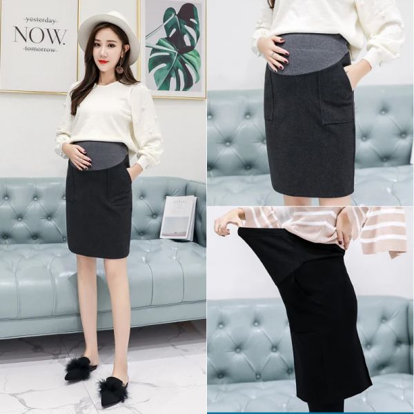 Mutterschaftsrock Wolle schwangere Frauen Kleidung Midlänge koreanische Mutter ustable Bauchliftrock mit Taschen Herbst Winter