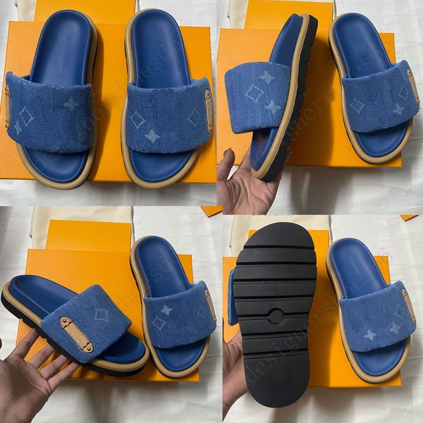 Havuz Yastığı Düz ​​Konforlu Katır Mule Plaka Kafa Havuz Yastık Katır Sandal 1ACJVH Mavi Denim Erkekler Kadın Sandalet Tasarımcı Sandalet Terlik Plaj Mektubu Sandal Boyutu 35 46