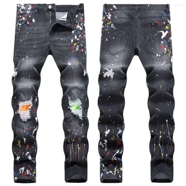 Jeans masculinos tamanho grande 40 42 Europa moda estilo homens jenas calças jeans impresso listra buraco calças magras magro preto para marido 1151