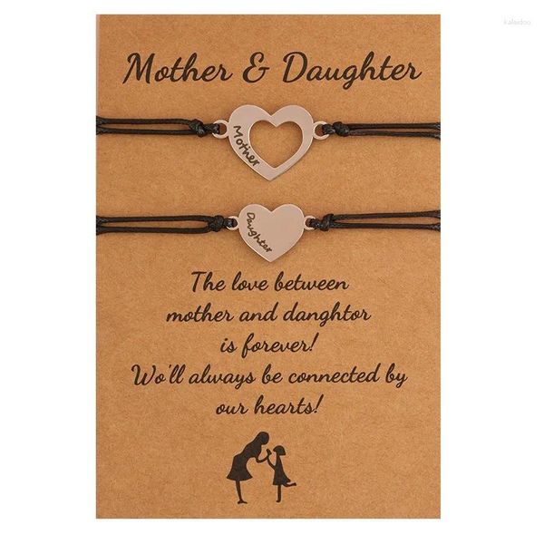 Charm Bilezikler Paslanmaz Çelik Kalp Şeklinde Siyah Yazı Ağda Tel Dokuma Ayarlanabilir Anne Kızı Kart Bilek Mücevher Hediye