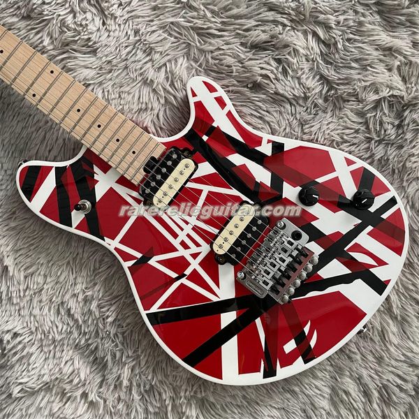 Neuankömmling Eddie Edward Van Halen Franken Special Black White Stripes Red Wolf E-Gitarre Floyd Rose Tremolo Bridge Ahorngriffbrett Dot Inlay Sicherungsmutter