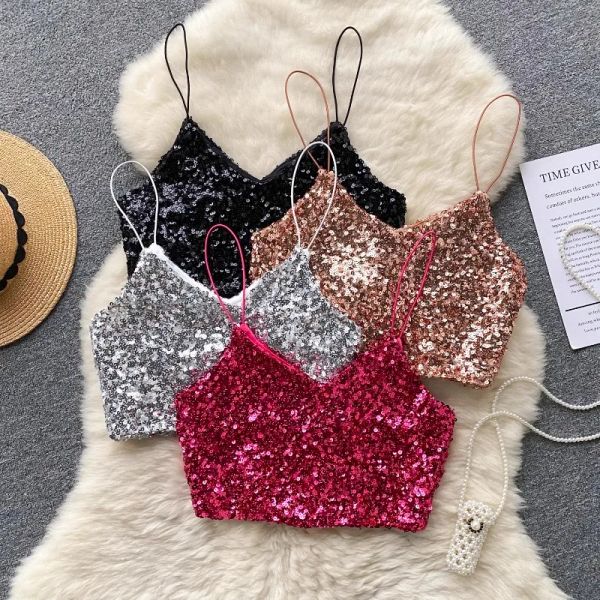 Camis Spaghetti Strap Crop Canotte Sexy Paillettes Serbatoi Cami Donna Canotte Scintillante Ragazza piccante Temperamento Royal Sister Dropship