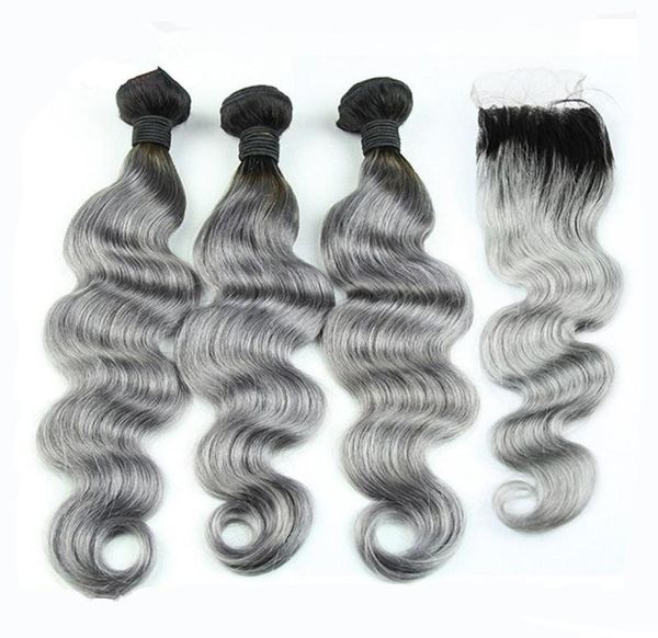 8a grau peruano cabelo cinza tecer com fechamento onda do corpo dois tons ombre 1b prata cinza ombre pacotes de cabelo humano e fechamentos de renda 4641480