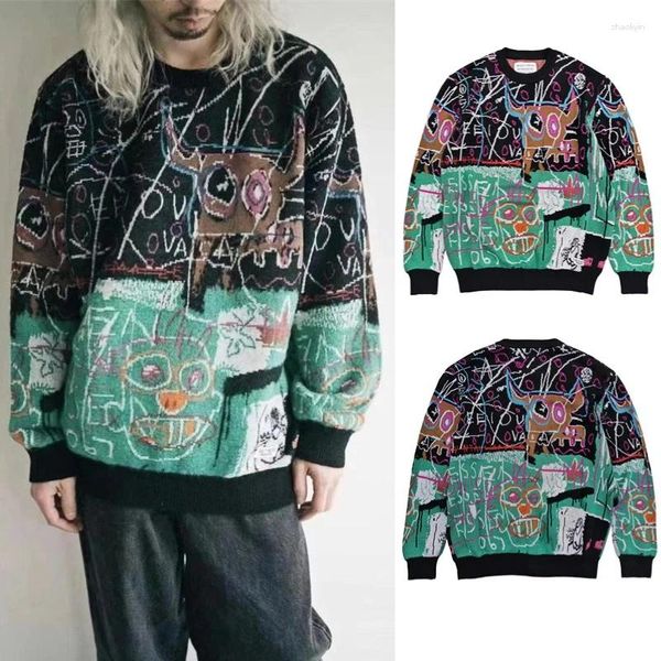 Maglioni da uomo Retro WACKO MARIA Maglione pullover streetwear urbano in cotone con motivo graffiti in stile giapponese Harajuku