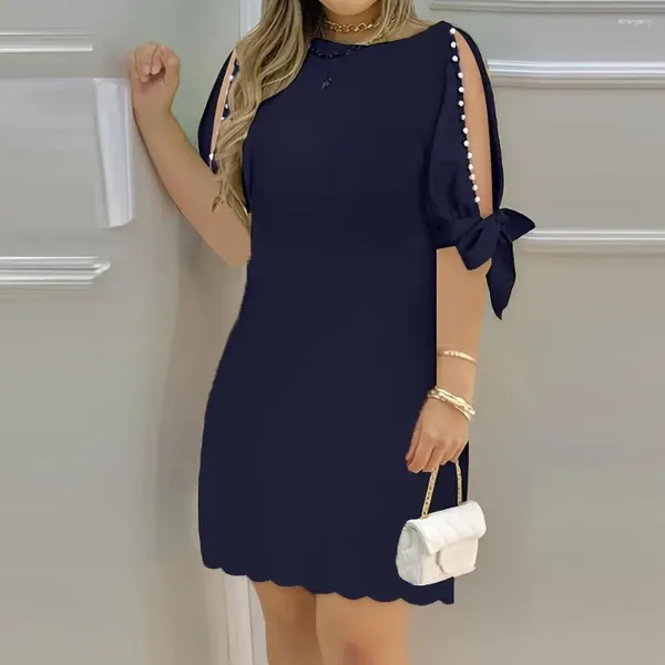 Vestidos casuais mulheres vestido de primavera fluindo elegante joelho-comprimento midi com oco para fora três quartos mangas decoração de contas para macio