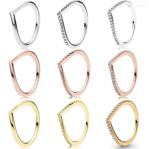 Anéis de cluster autêntico 925 anel de prata esterlina rosa brilho dourado desejo osso conjunto com cristal para mulheres presente moda jóias