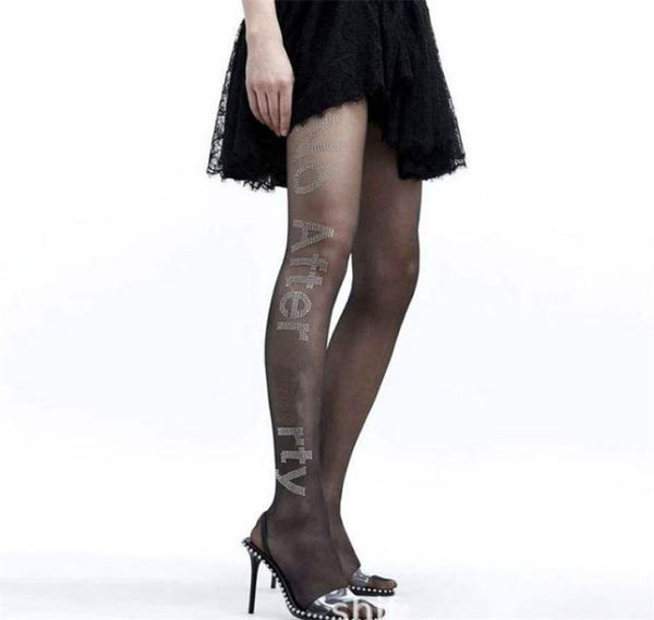 Brillante strass sexy stretto grande classico lettera moda calze da donna morbida coscia stretta INS night club calze nere5729285