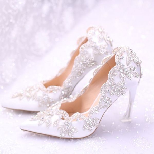 Splendidi cristalli diamanti scarpe da sposa punta punta tacchi alti décolleté da sposa bianchi scarpe da ballo per feste da donna AL2311324T