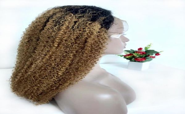 Mel loira encaracolado ombre perucas de cabelo humano colorido t1b27 peruano trançado peruca dianteira do laço kinky encaracolado sem cola peruca cheia do laço para bla8753657