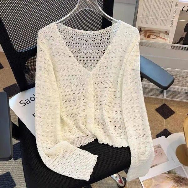 Jaquetas femininas manga longa de malha cardigan mulheres finas jaqueta curta tops oco out sun protetor roupas xales suéteres botões coreano