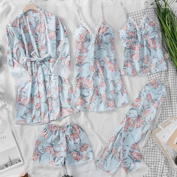 Damen-Nachtwäsche, Frühlings-Damen-5-teiliges Träger-Oberteil, Hosenanzug, Pyjama-Sets, Herbst-Hauskleidung, Nachtwäsche, Kimono-Robe, Badekleid, M-XL