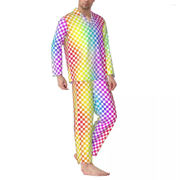 Herren-Nachtwäsche, klassisches Schachbrett-Pyjama-Set, Regenbogen, geometrisch, romantisch, für Männer, lange Ärmel, Vintage-Tag, 2-teilig, Heimanzug, große Größe