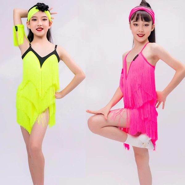 Palco desgaste fluorescente cor latina dança desempenho vestido para meninas completa franjas vestidos de festa crianças competição dança sl9685