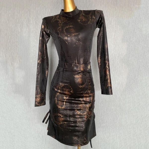 Сценическая одежда, одежда для латинских танцев со змеиными перьями, женские топы с длинными рукавами, черная юбка, костюм для выступлений, клубное вечернее платье DNV19513