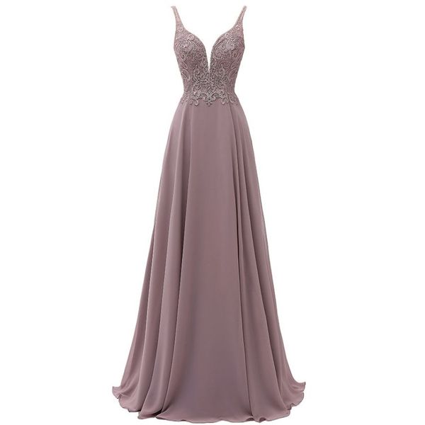 Formelle lange Abendkleider, tiefer V-Ausschnitt, Spaghettiträger, tiefer Rücken, Abendkleider, Chiffon, Spitzenapplikation, Gala-Partykleid für Damen307U