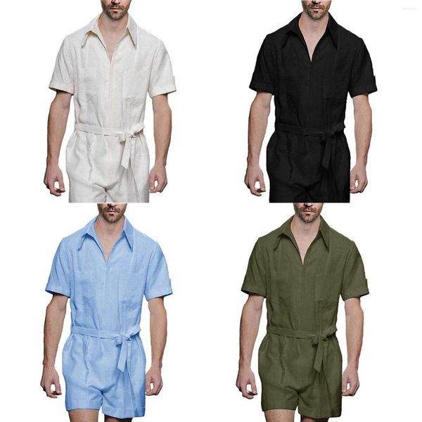 Fatos masculinos moda verão casual homens cor sólida uma peça calças de manga curta elegante zíper masculino algodão linho macacões macacão