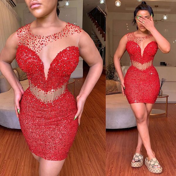 2024 Vermelho Aso Ebi Plus Size Vestidos de Cocktail Curto Vestidos de Baile Ilusão Graduação Mini Vestido Curto Lantejoulas Frisadas para Festa de Aniversário de Meninas Negras Africanas 082