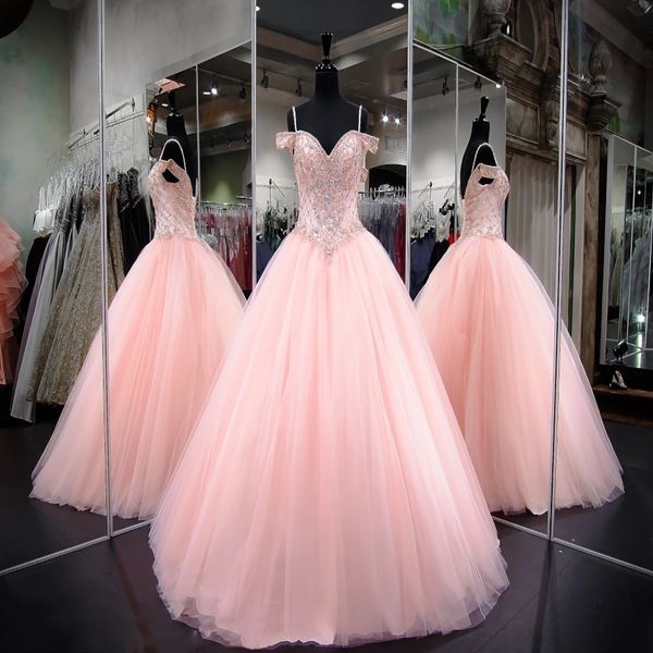 Сладкие розовые платья Quinceanera на бретельках из тюля, топ из бисера и стразов, бальные платья, платья принцессы для выпускного вечера216l
