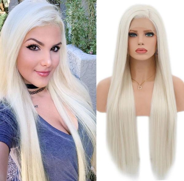 Charisma Hitzebeständige Haarfarbe 60 Platinblond, synthetische Lace-Front-Perücke für Frauen, lange, gerade Spitzenperücken mit Babyhaar3122490