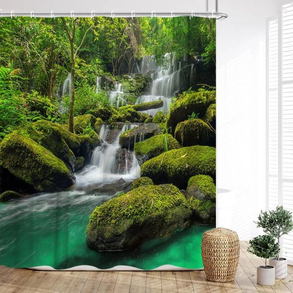 Tende da doccia Tenda foresta Foresta pluviale Natura Scenario Cascate Fiumi Alberi Stampe verde intenso Decorazione del bagno di casa