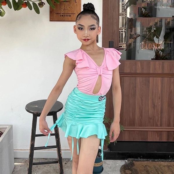 Bühnenkleidung Mädchen Latin Dance Outfit Rosa Tops Mintgrün Rock Rumba Praxis Kinder ChaCha Tanzen Performance Kostüm DL10176