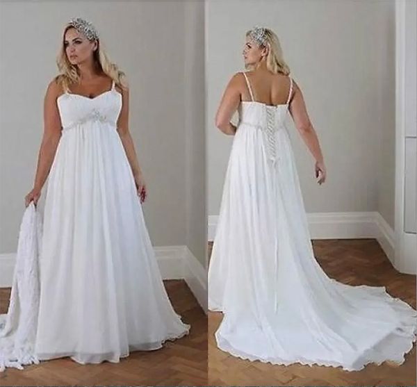 Plus tamanho modesto vestidos de casamento de praia chiffon uma linha até o chão cintas de espaguete rendas até as costas simples elegante boho vestidos de noiva branco vestido de noiva para noiva