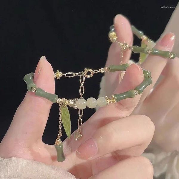 Charm-Armbänder Vintage grünes Bambus-Verbindungs-Perlenarmband für Damenmode, einfaches Blatt-Blumen-Schmuckgeschenk
