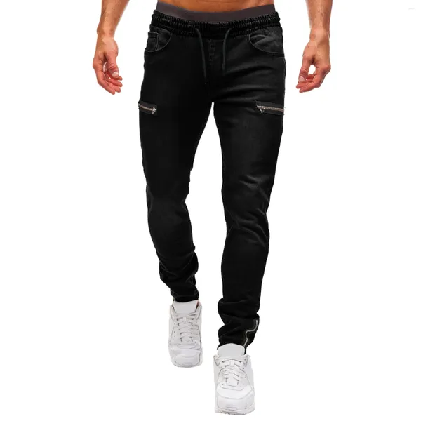 Jeans masculinos denim homens moda casual calças curtas cor pura jean com zíper bolso sólido pantalon homme