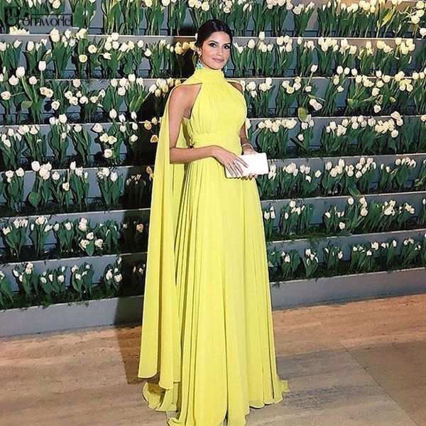 Dubai vestido formal feminino elegante chiffon ruched gola alta capa amarelo vestido de noite 2021 vestido longo festa237a