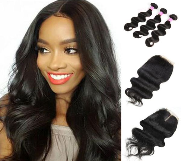 Pacotes de cabelo brasileiro com fechamento parte média dupla trama extensões de cabelo humano tingível cabelo tece fechamento natural preto b5598537