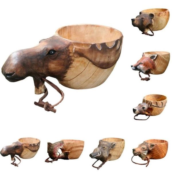 Tazze Kuksa Tazza in legno intagliato a mano Guksi Animali Immagine della testa Tazza a forma di animale Portatile da campeggio per bere2672