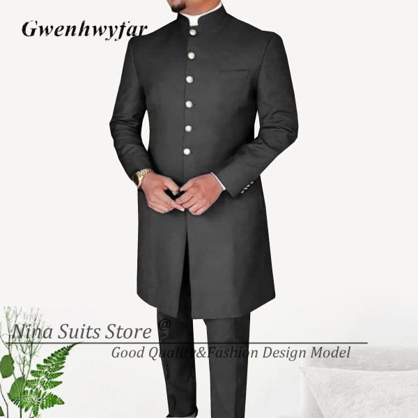 Anzüge GN 2024 Neue Männer Anzüge Afrikanische Lange Jacke Grau Elegante Gold Tasten Groomsmen Party Mann Formale Kostüm 2 Stück männlichen Smoking