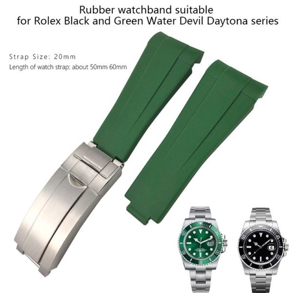 20mm lastik saat kayışı siyah yeşil mavi beyaz ayarlanabilir katlama bant Rolex Submariner GMT Oysterflex Bilezik 220624259i