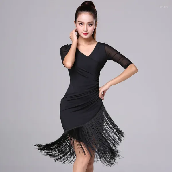 Palco desgaste vestido de dança latina 2024 mulheres trajes pretos borla salsa v-pescoço rumba / samba realizar fitness dancewear