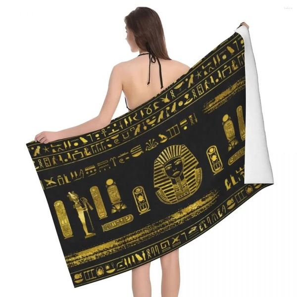 Handtuch, antikes Ägypten, Sphinx und Hieroglyphen, Strand, personalisierbar, goldene ägyptische Badetücher aus weichem Leinen und Mikrofaser