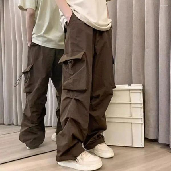 Calças masculinas bolso seguro estilo rua carga com vários bolsos solto ajuste cintura elástica para hip hop moda confortável