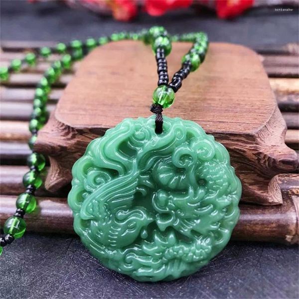 Anhänger Halsketten Mode Grün Jade Stein Handgeschnitzte Drache Phoenix Kreuz Halskette Chinesisches Amulett Frauen Mann Glück Schmuck Geschenk