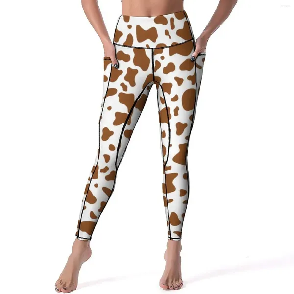 Leggings da donna Pantaloni da yoga con stampa mucca marrone Modello Estetico sexy Mooo Grafica Animale Leggins fitness a vita alta Lady