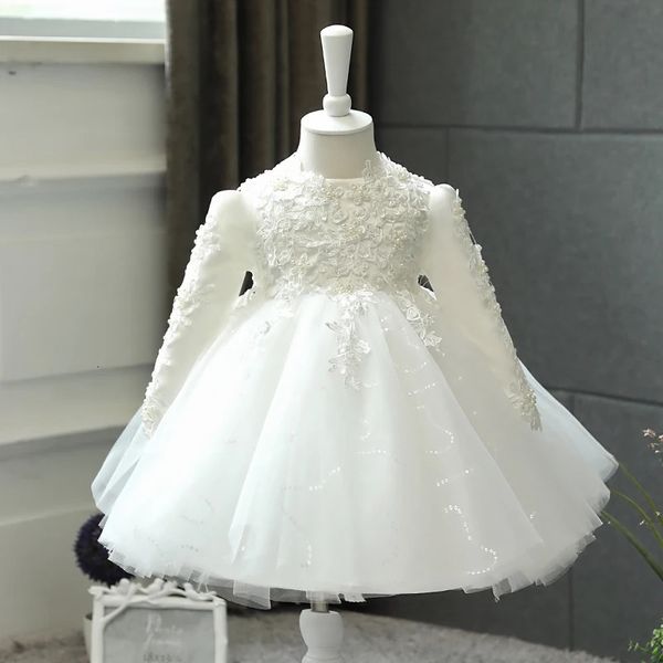 Pailletten-Tüll-Kleid für Babys, geboren zum 1. Geburtstag, langärmelig, Partykleid für kleine Mädchen, Säuglingstaufe, Taufkleid 240226