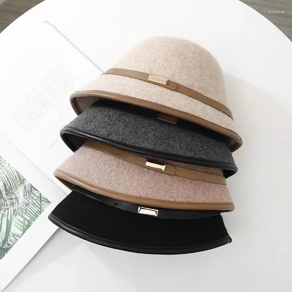 Berets 5 cores chapéu de pesca unisex cor sólida lã inverno com cinto balde cashmere mulher quente boné presente atacado