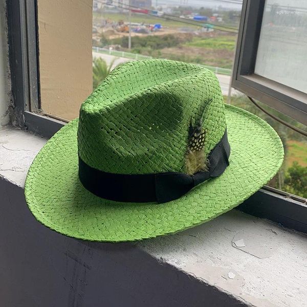 Geniş Memul Şapkalar Yaz Panama Kadınlar İçin Erkekler Paper Straw Feather Band Fedora Sun Hat Beach Mesleği