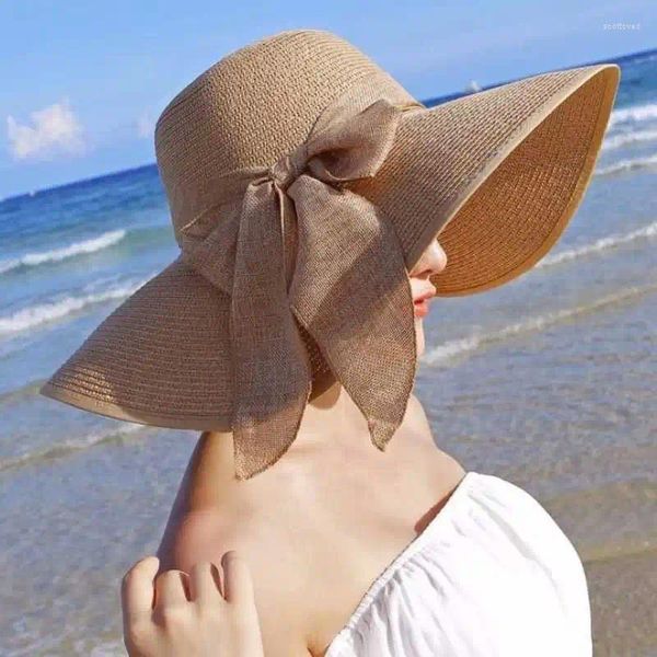 Chapéus de borda larga verão mulheres chapéu de palha senhora moda bowknot grande floppy panamá feminino ao ar livre anti-uv dobrável praia sol boné