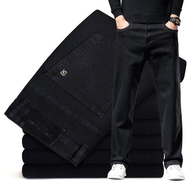 Estilo clássico outono e inverno dos homens liso preto straightleg jeans moda de negócios estiramento solto calças jeans marca masculina 240321