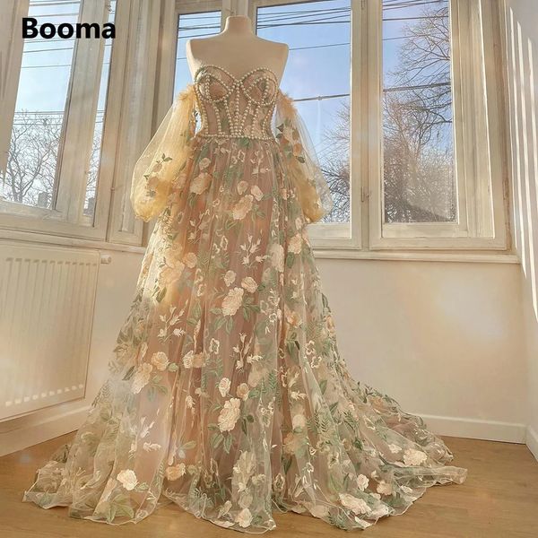 Booma Beige Stickerei-Spitze-A-Line-Abschlussballkleider, Herzausschnitt, Puffärmel, Perlen, Korsett-Up, formelle Partykleider mit langer Schleppe 240226