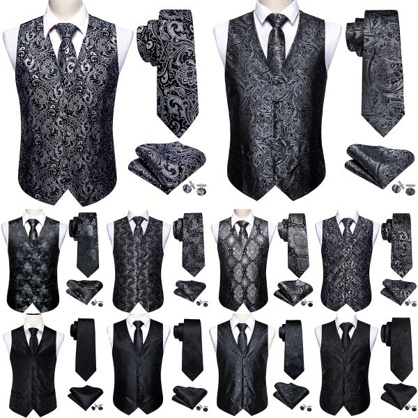 Coletes elegantes dos homens colete de seda preto prata pasley vestido floral terno colete gravata borboleta conjunto sem mangas jaqueta formal barry wang